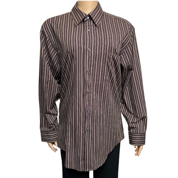 Arrow Casual Striped Dress Shirt Fitted Wrinkle Free Brown Tan - Picture 1 of 17